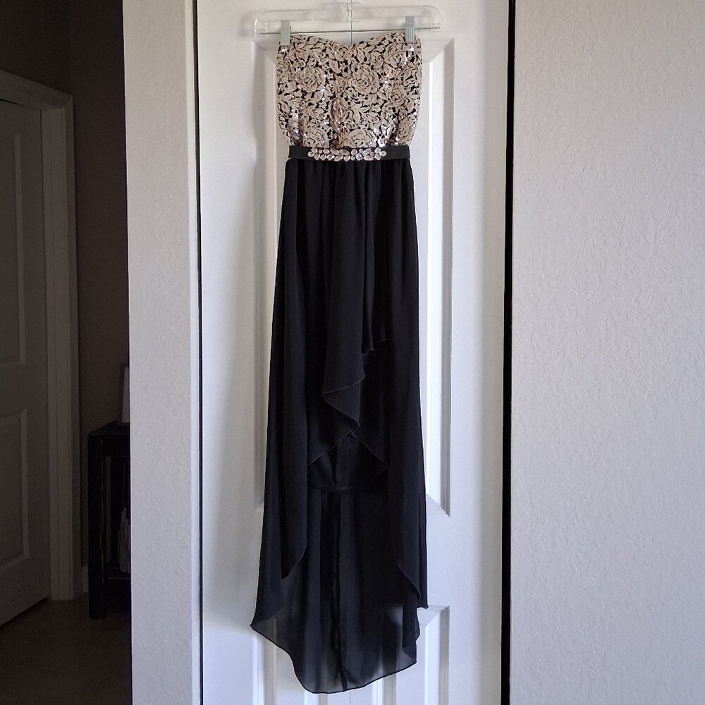 Black Strapless Gold Sequin Hi-Lo Cocktail Party Dress Jr Size 7